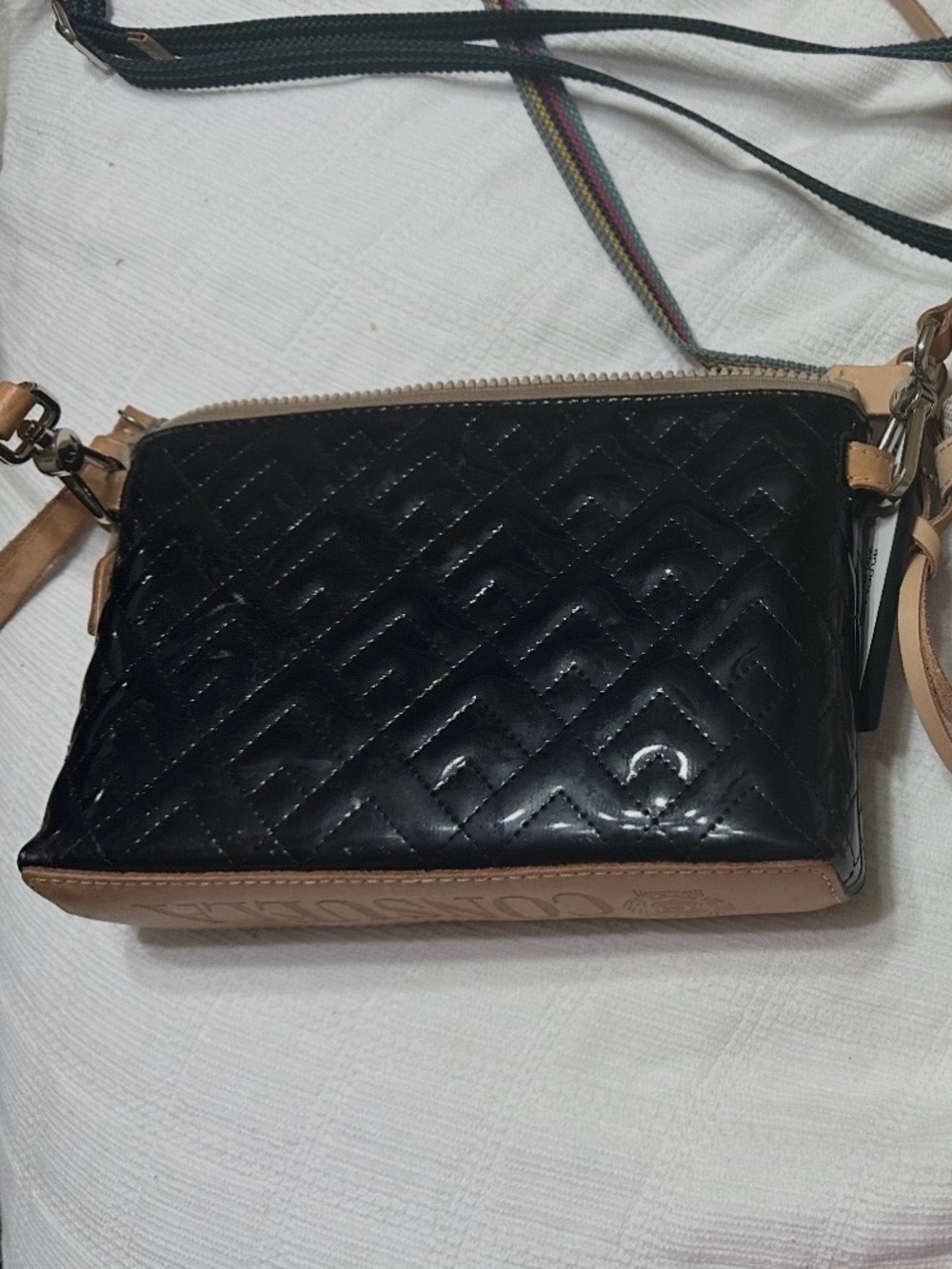 Consuela Black Quilted Patent Crossbody with Tan Trim